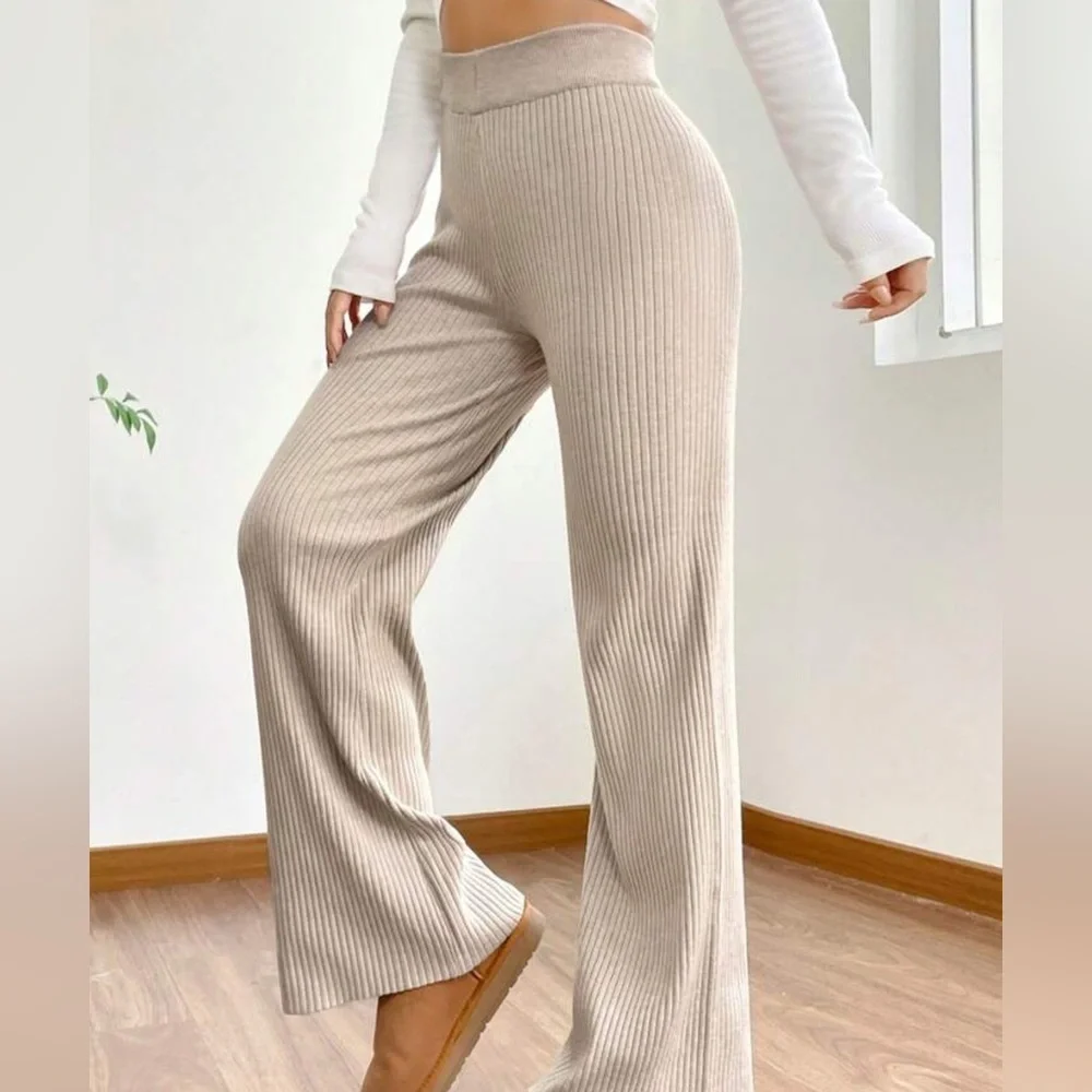 Shein High Waist Flare Leg Khaki Knit Pants Beige Ribbed size S - Picture 4 of 10